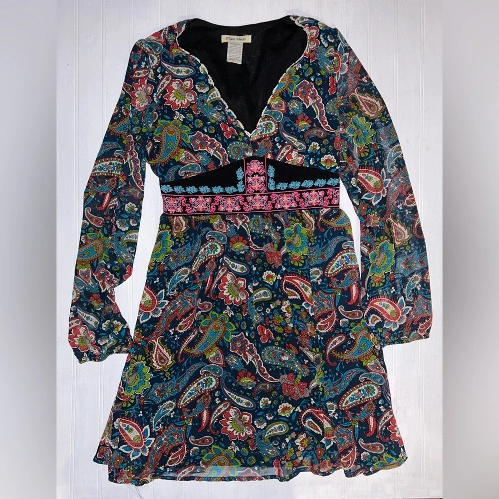 2/$30 Colorful Embroidered paisley print long sleeve Dress Boho L D13